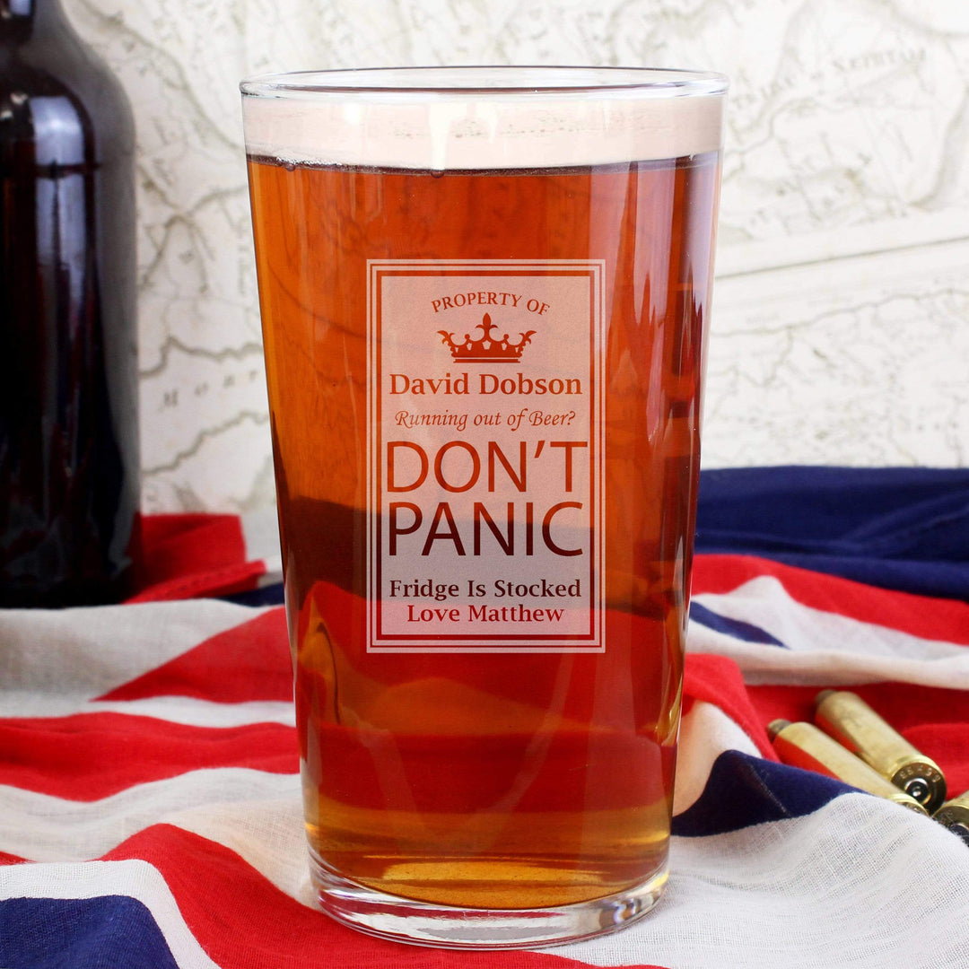 Personalised Memento Glasses &amp; Barware Personalised Dont Panic Pint Glass