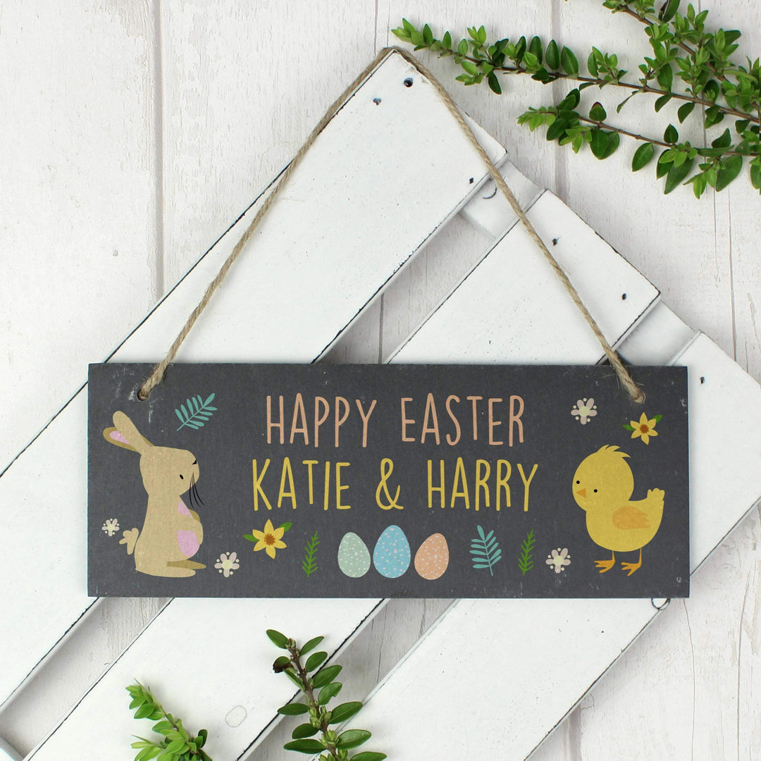 Personalised Memento Personalised Easter Bunny &amp; Chick Slate Door Plaque