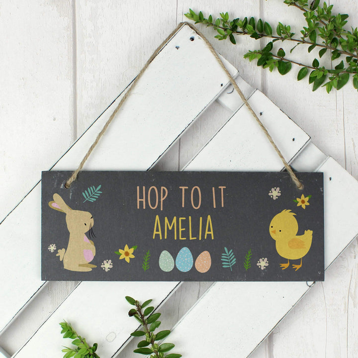 Personalised Memento Personalised Easter Bunny &amp; Chick Slate Door Plaque
