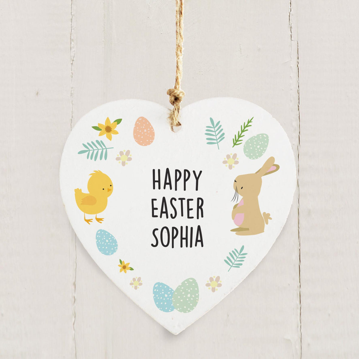 Personalised Memento Personalised Easter Bunny & Chick Wooden Heart Decoration