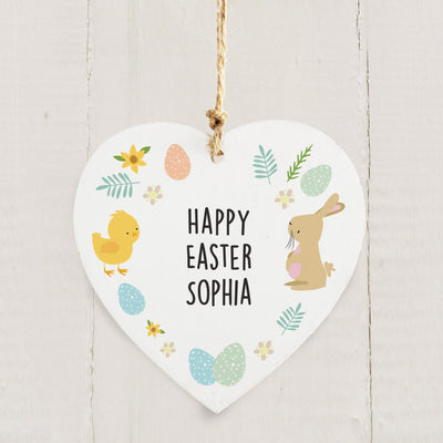 Personalised Memento Personalised Easter Bunny & Chick Wooden Heart Decoration