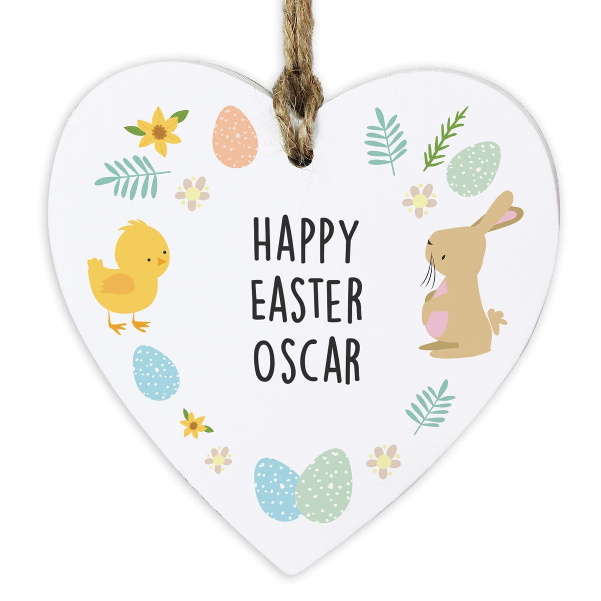 Personalised Memento Personalised Easter Bunny & Chick Wooden Heart Decoration