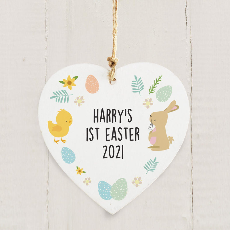 Personalised Memento Personalised Easter Bunny & Chick Wooden Heart Decoration