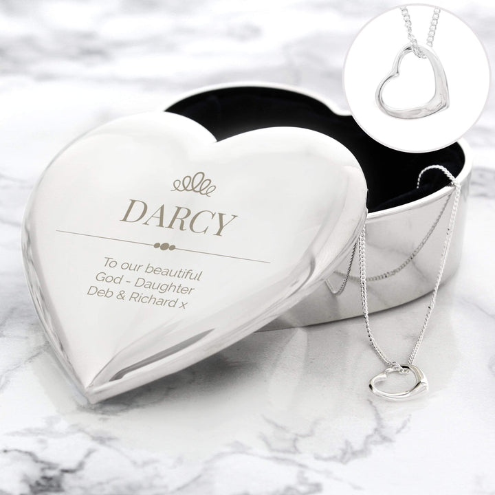 Personalised Memento Trinket, Jewellery &amp; Keepsake Boxes Personalised Elegant Crown Heart Trinket Box &amp; Necklace Set