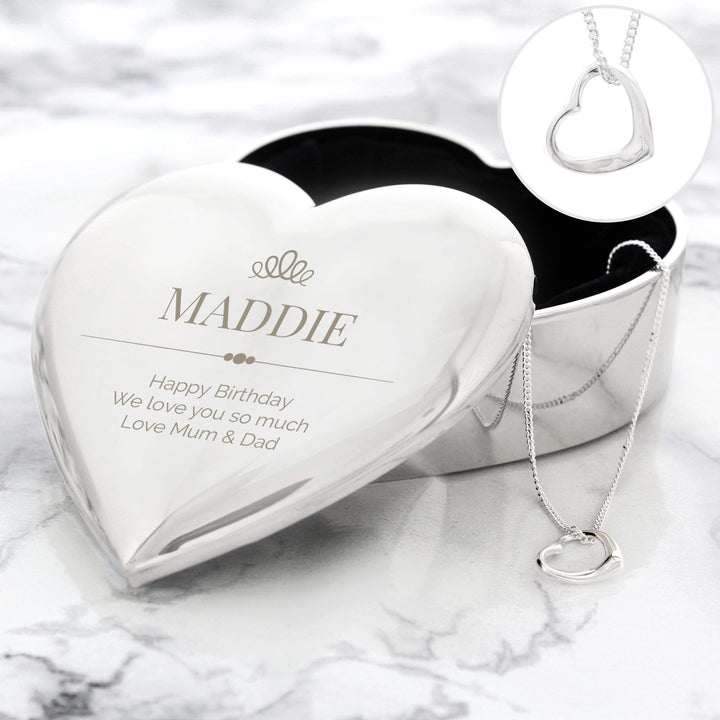 Personalised Memento Trinket, Jewellery &amp; Keepsake Boxes Personalised Elegant Crown Heart Trinket Box &amp; Necklace Set