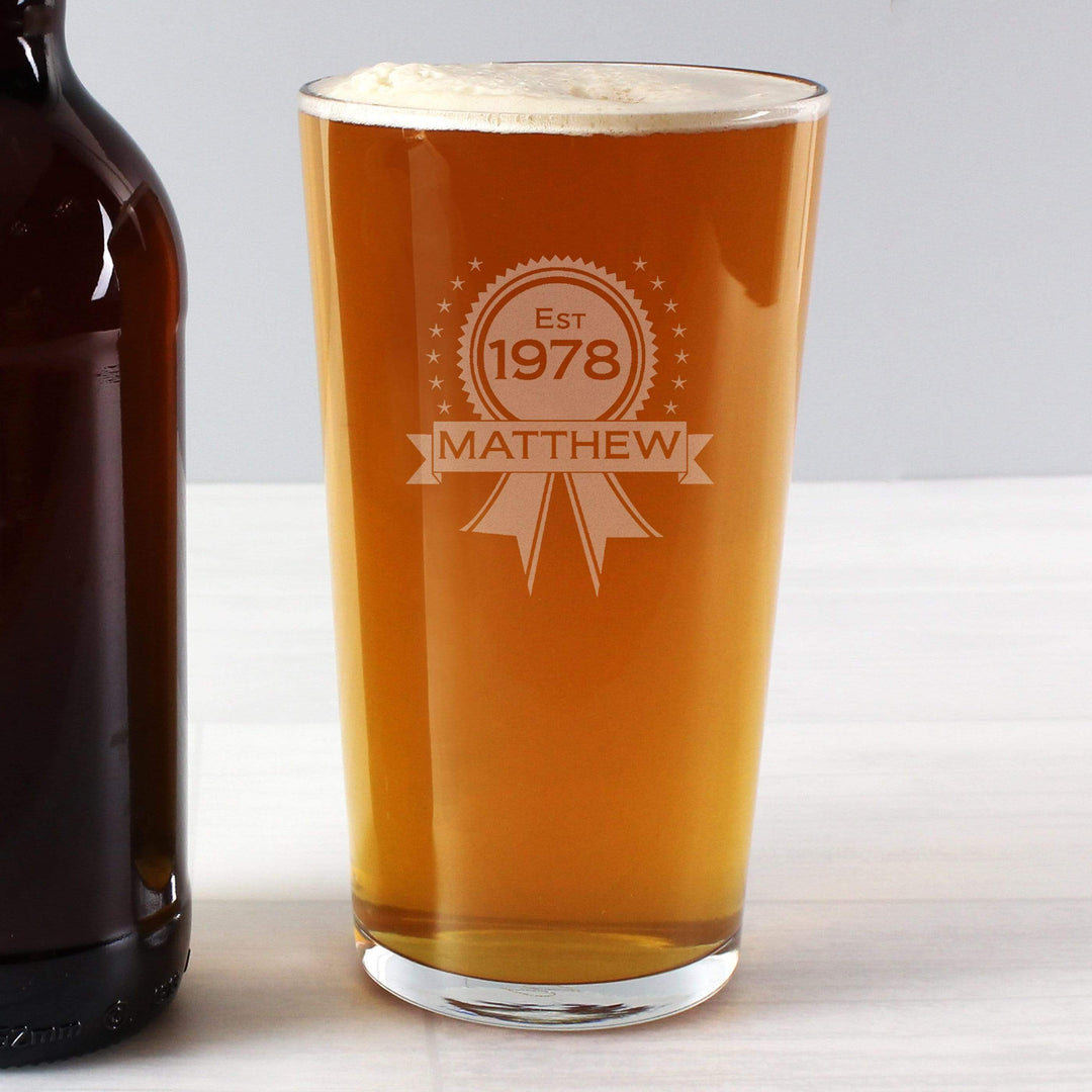 Personalised Memento Glasses &amp; Barware Personalised Established Rosette Pint Glass