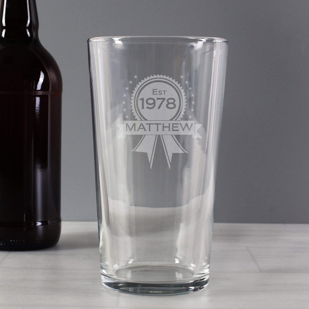 Personalised Memento Glasses &amp; Barware Personalised Established Rosette Pint Glass