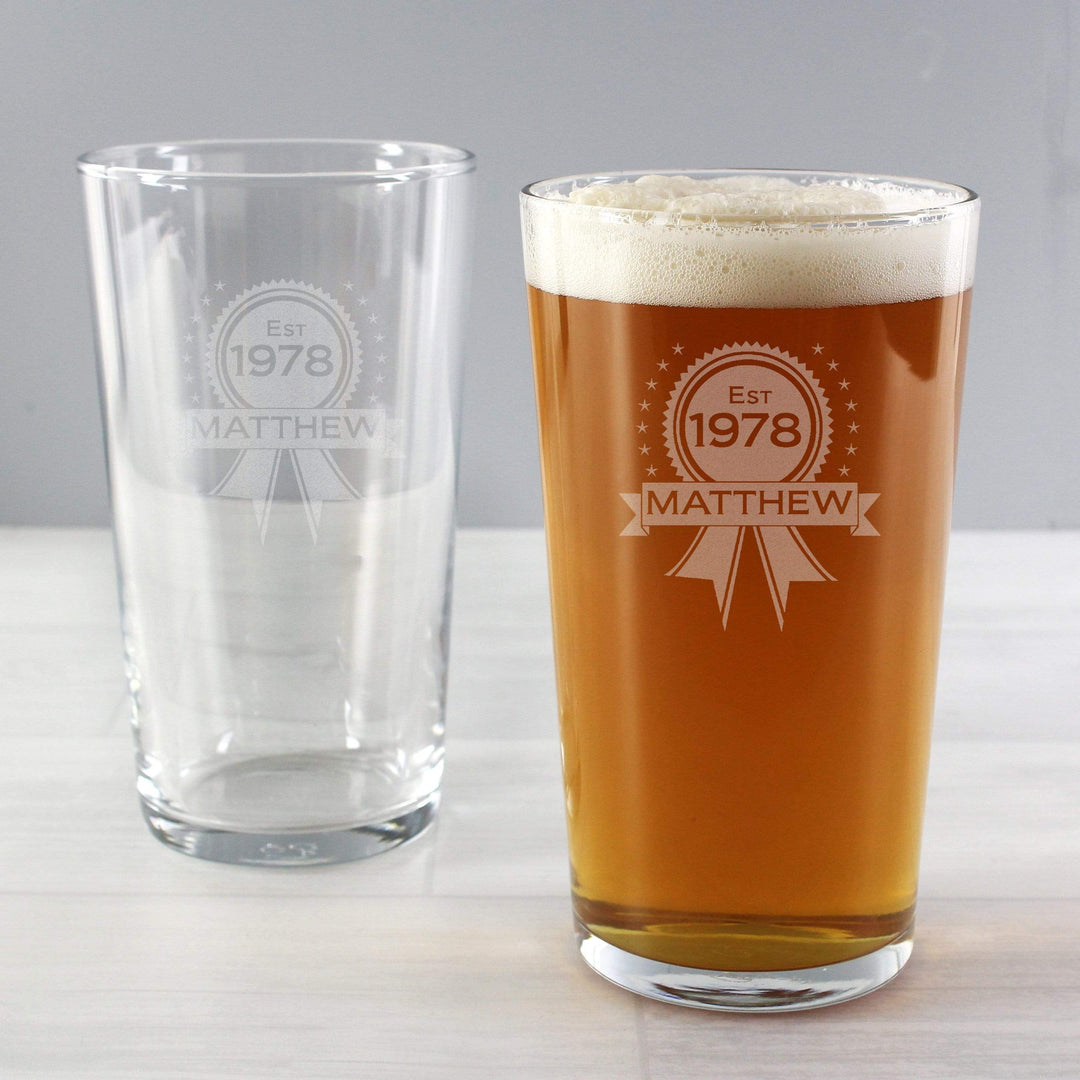 Personalised Memento Glasses &amp; Barware Personalised Established Rosette Pint Glass