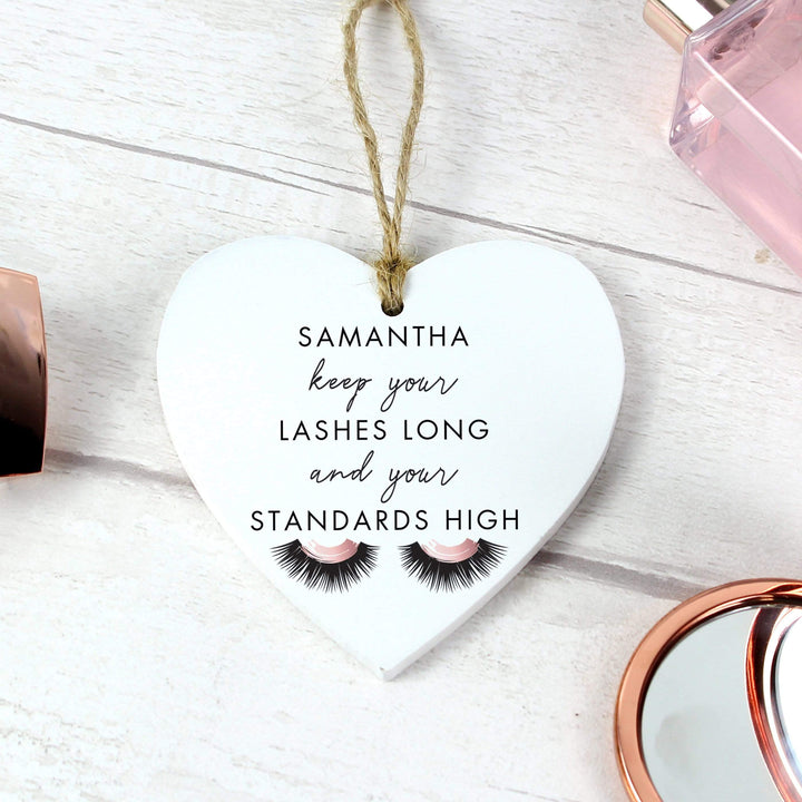 Personalised Memento Wooden Personalised Eyelash Wooden Heart Decoration