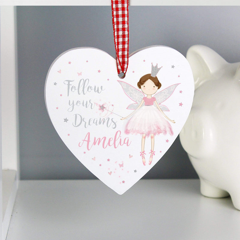 Personalised Memento Wooden Personalised Fairy Princess Wooden Heart Decoration