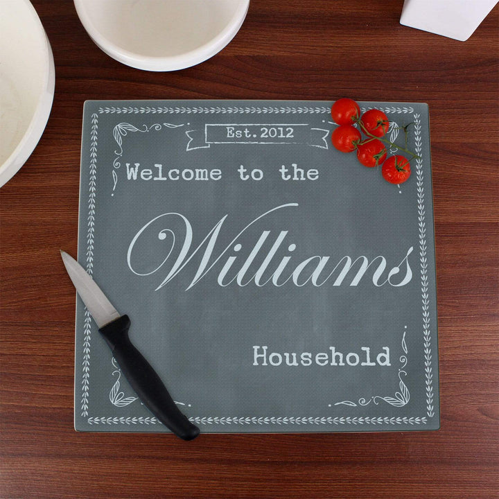 Personalised Memento Kitchen, Baking &amp; Dining Gifts Personalised Family Chalk Glass Chopping Board/Workshop Saver