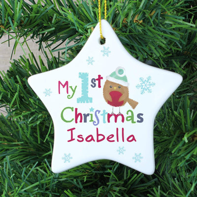 Personalised Memento Hanging Decorations & Signs Personalised Felt Stitch Robin 'My 1st Christmas' Ceramic Star Decoration