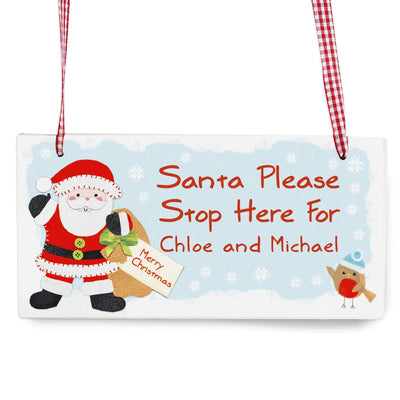 Personalised Memento Wooden Personalised Felt Stitch Santa Stop Here Wooden Sign
