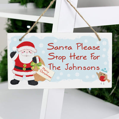 Personalised Memento Wooden Personalised Felt Stitch Santa Stop Here Wooden Sign