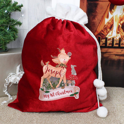 Personalised Memento Christmas Decorations Personalised Festive Fawn Luxury Pom Pom Red Sack