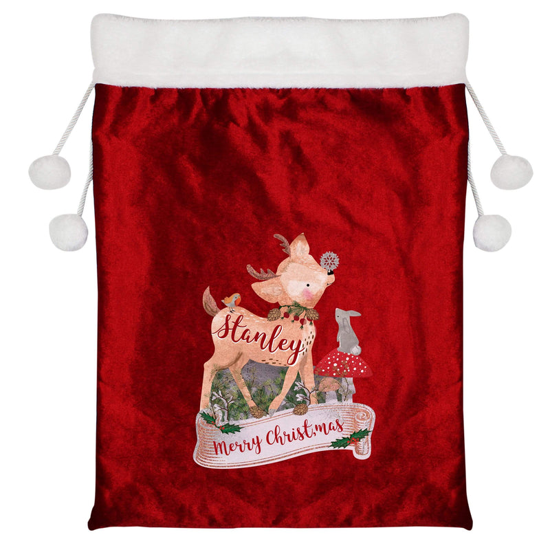 Personalised Memento Christmas Decorations Personalised Festive Fawn Luxury Pom Pom Red Sack