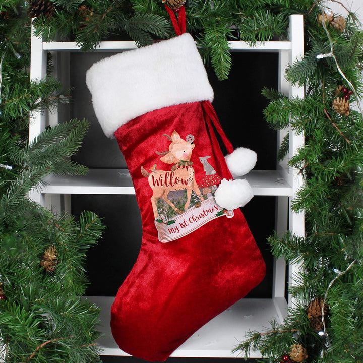 Personalised Memento Personalised Festive Fawn Luxury Red Stocking