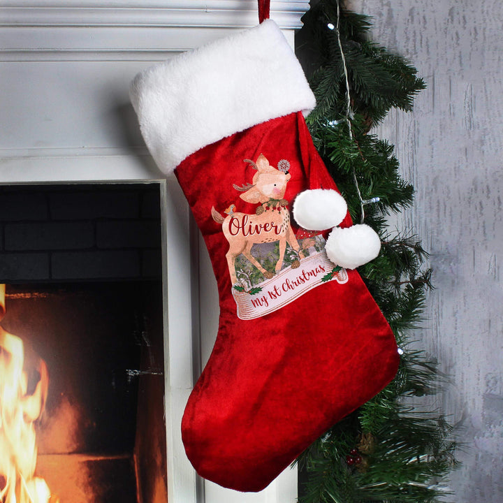 Personalised Memento Personalised Festive Fawn Luxury Red Stocking