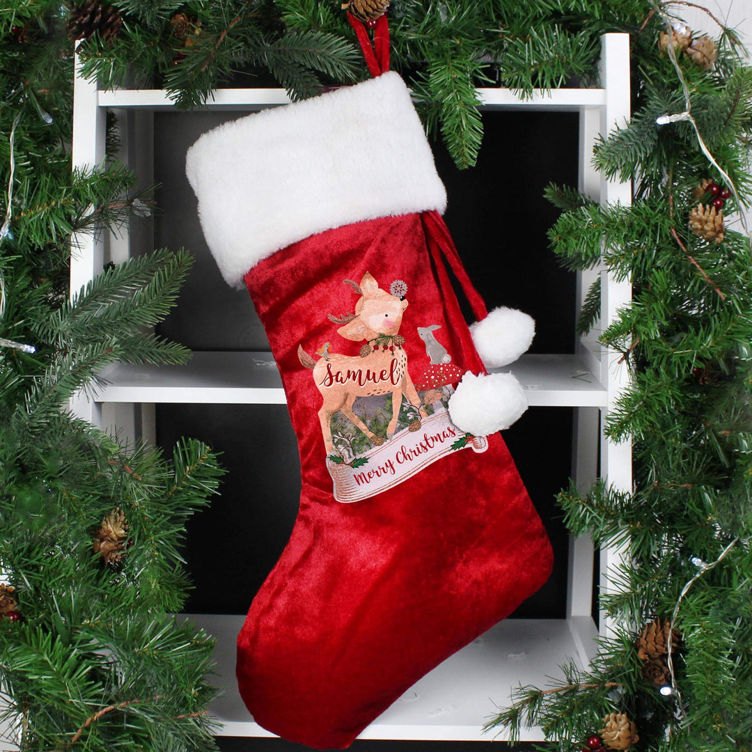 Personalised Memento Personalised Festive Fawn Luxury Red Stocking