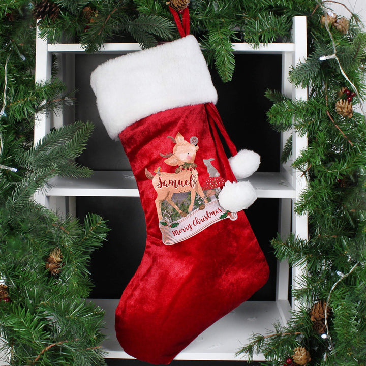 Personalised Memento Personalised Festive Fawn Luxury Red Stocking