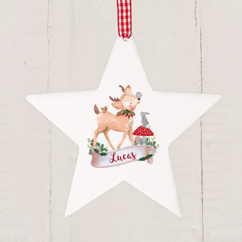 Personalised Memento Hanging Decorations & Signs Personalised Festive Fawn Wooden Star Decoration