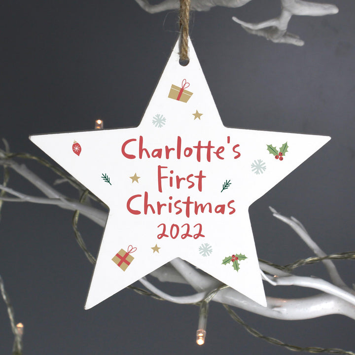 Personalised Memento Personalised First Christmas Wooden Star Decoration