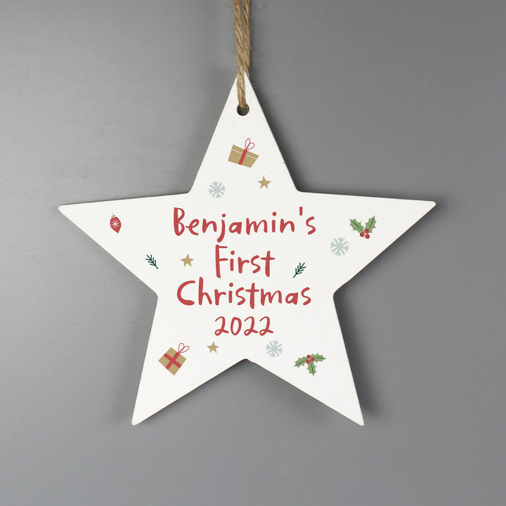 Personalised Memento Personalised First Christmas Wooden Star Decoration
