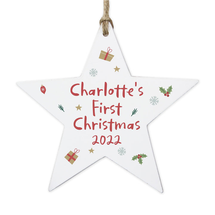 Personalised Memento Personalised First Christmas Wooden Star Decoration