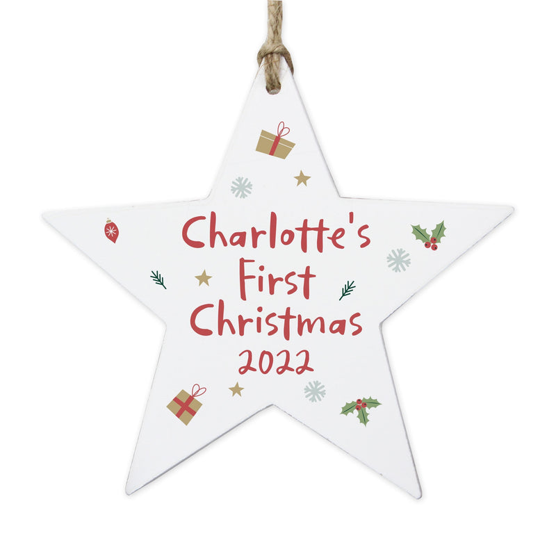 Personalised Memento Personalised First Christmas Wooden Star Decoration
