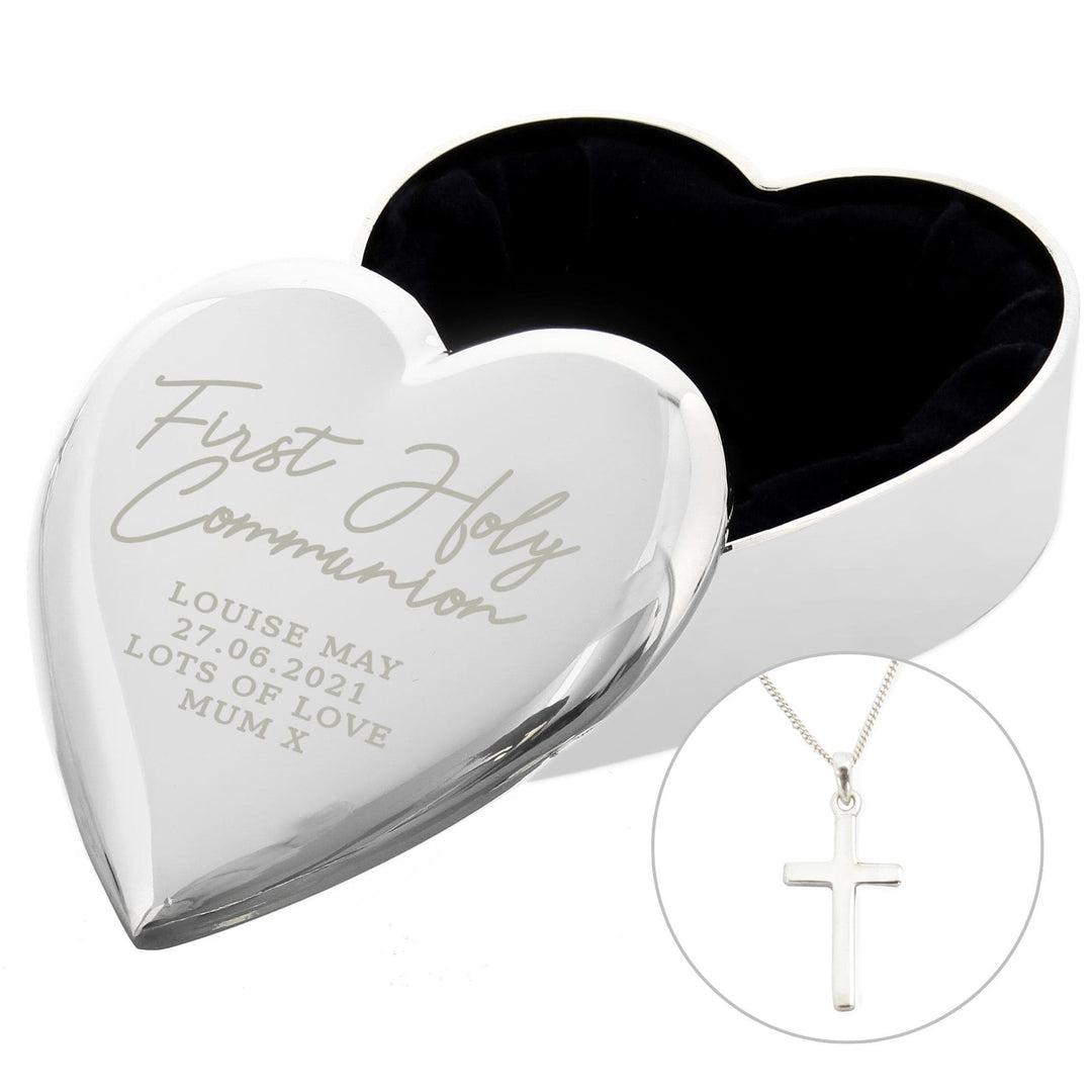 Personalised Memento Personalised First Holy Communion Heart Trinket Box &amp; Cross Necklace Set