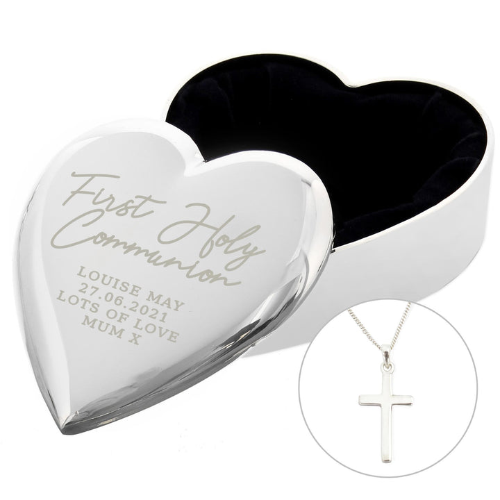 Personalised Memento Personalised First Holy Communion Heart Trinket Box &amp; Cross Necklace Set