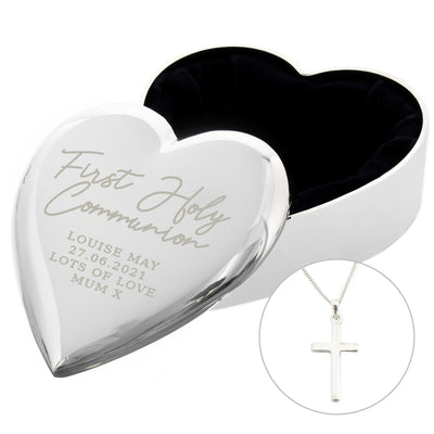 Personalised Memento Personalised First Holy Communion Heart Trinket Box & Cross Necklace Set