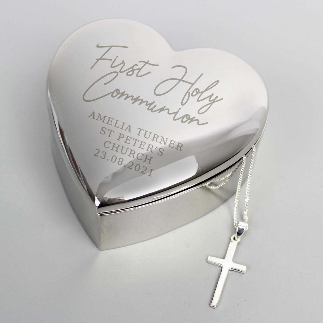 Personalised Memento Personalised First Holy Communion Heart Trinket Box &amp; Cross Necklace Set