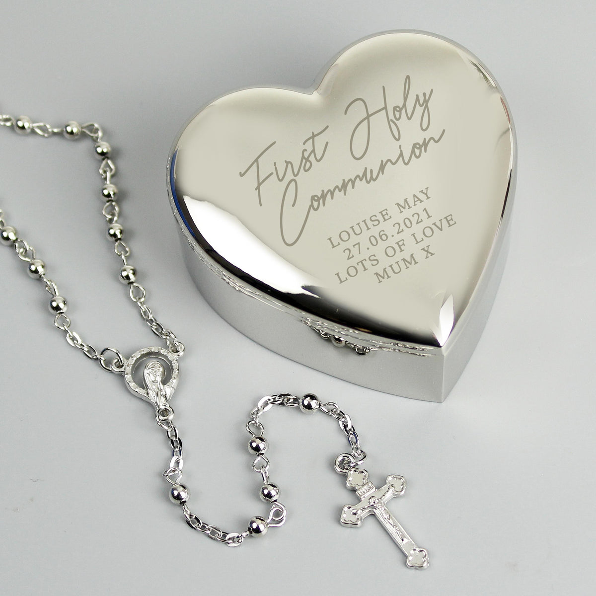 Personalised Memento Personalised First Holy Communion Rosary Beads and Cross Heart Trinket Box