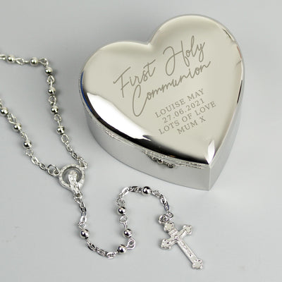 Personalised Memento Personalised First Holy Communion Rosary Beads and Cross Heart Trinket Box