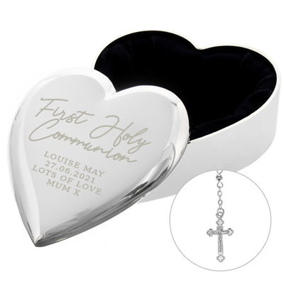Personalised Memento Personalised First Holy Communion Rosary Beads and Cross Heart Trinket Box