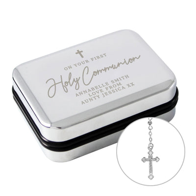 Personalised Memento Personalised First Holy Communion Rosary Beads and Cross Trinket Box