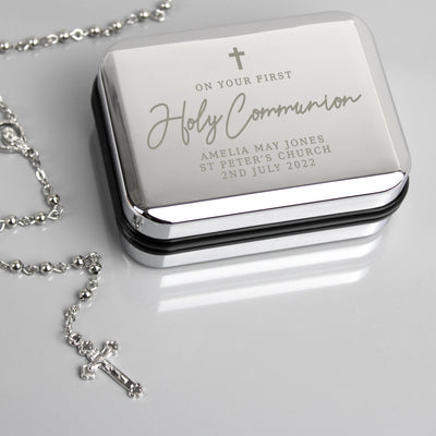 Personalised Memento Personalised First Holy Communion Rosary Beads and Cross Trinket Box