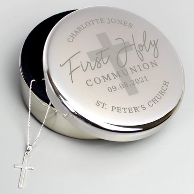 Personalised Memento Personalised First Holy Communion Round Trinket Box & Cross Necklace Set
