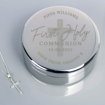 Personalised Memento Personalised First Holy Communion Round Trinket Box & Cross Necklace Set