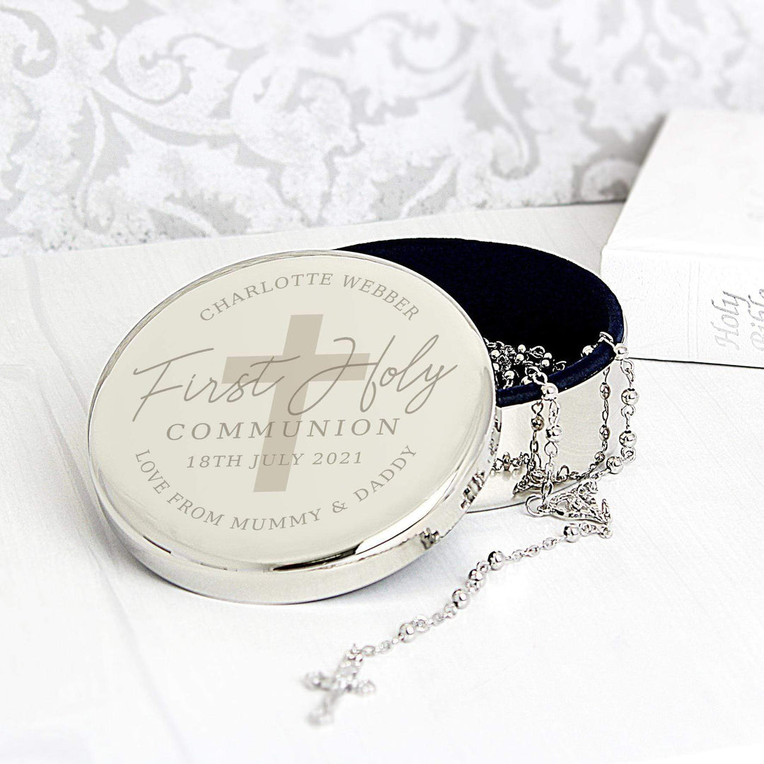 Personalised Memento Personalised First Holy Communion Round Trinket Box &amp; Rosary Beads Set
