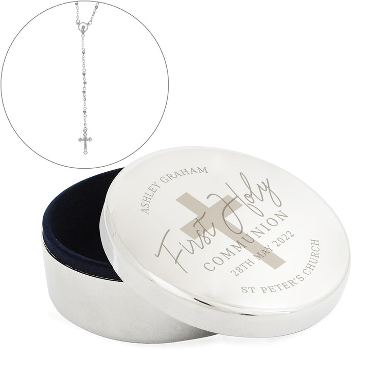 Personalised Memento Personalised First Holy Communion Round Trinket Box &amp; Rosary Beads Set