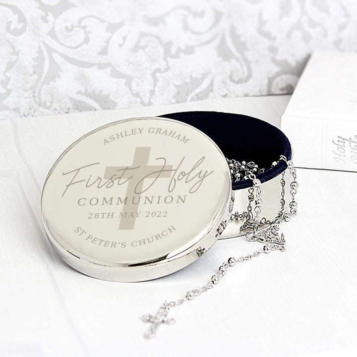 Personalised Memento Personalised First Holy Communion Round Trinket Box &amp; Rosary Beads Set