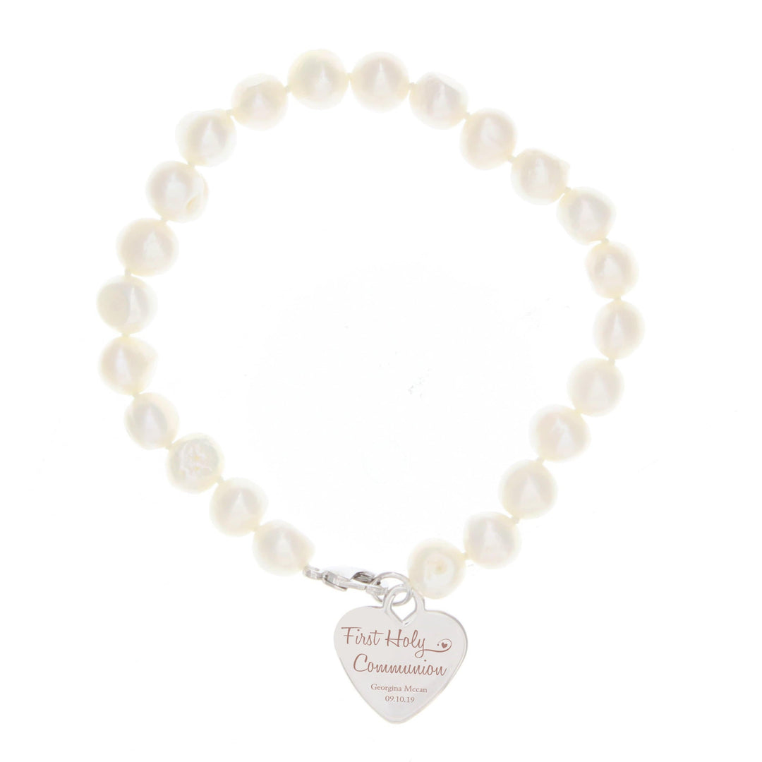 Personalised Memento Jewellery Personalised First Holy Communion Swirls &amp; Hearts White Freshwater Pearl Bracelet