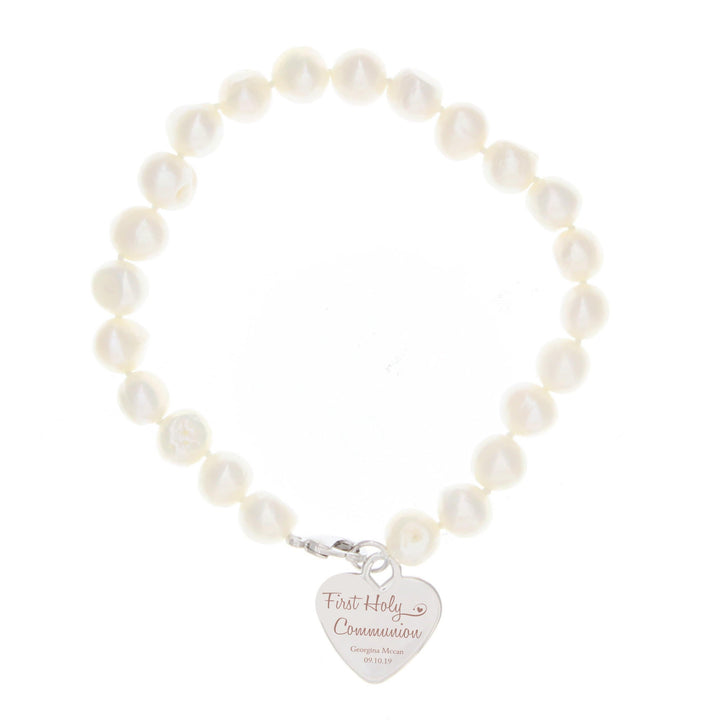 Personalised Memento Jewellery Personalised First Holy Communion Swirls &amp; Hearts White Freshwater Pearl Bracelet