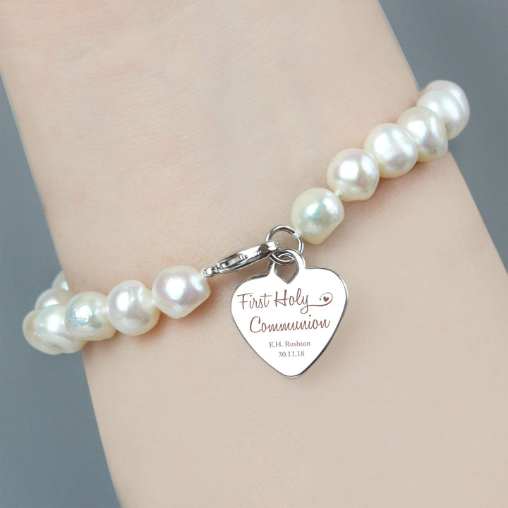 Personalised Memento Jewellery Personalised First Holy Communion Swirls &amp; Hearts White Freshwater Pearl Bracelet