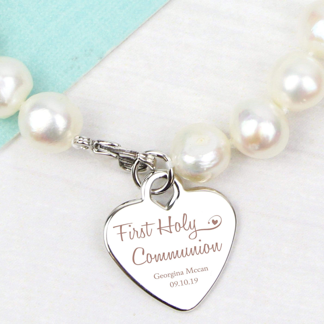 Personalised Memento Jewellery Personalised First Holy Communion Swirls &amp; Hearts White Freshwater Pearl Bracelet
