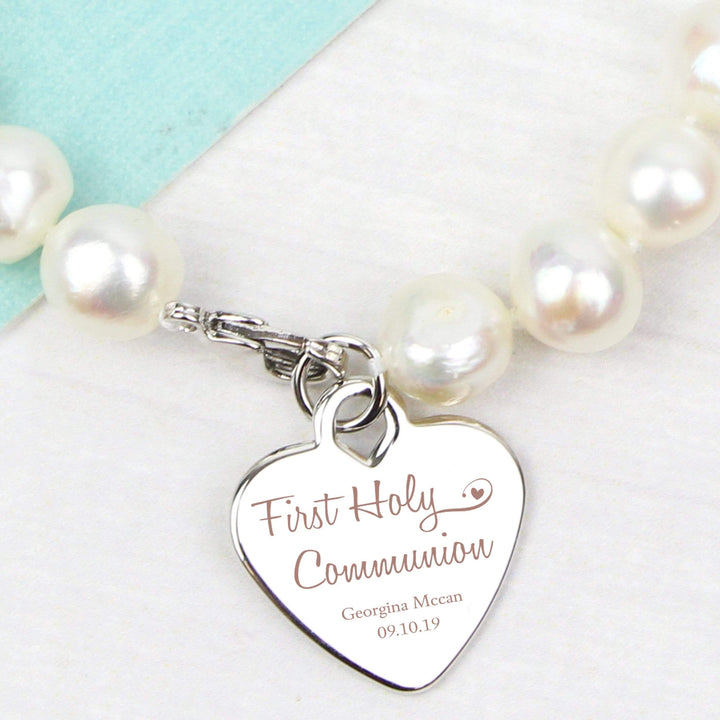 Personalised Memento Jewellery Personalised First Holy Communion Swirls &amp; Hearts White Freshwater Pearl Bracelet