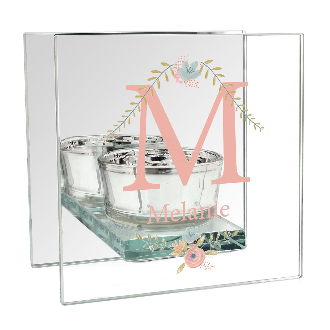 Personalised Memento Candles &amp; Reed Diffusers Personalised Floral Bouquet Mirrored Glass Tea Light Candle Holder