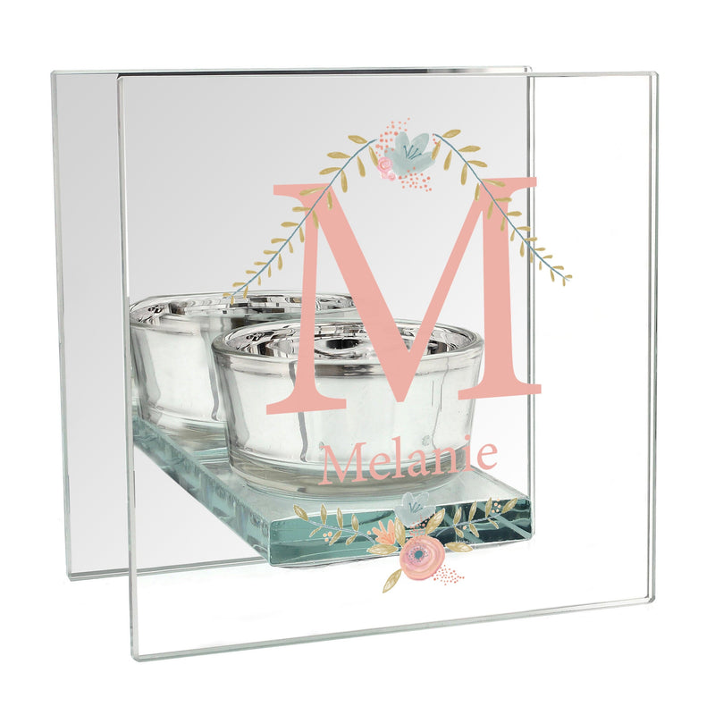 Personalised Memento Candles & Reed Diffusers Personalised Floral Bouquet Mirrored Glass Tea Light Candle Holder